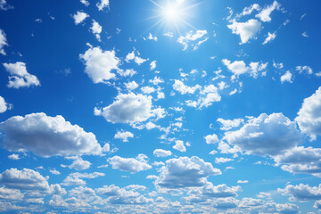 Fototapeta na wymiar beautiful blue sky with white cumulus clouds and sun for abstract background