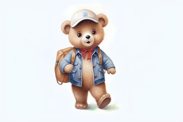 Cute teddy bear in a cap with a backpack on a white background