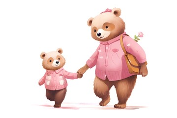 Cute cartoon bear and girl in pink jacket. Vector illustration.