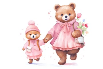 Watercolor illustration of a cute little girl and a bear in pink clothes