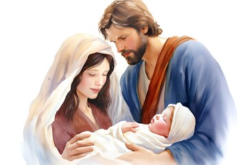 Jesus Christ with Mary and baby Jesus Christ, isolated on white background
