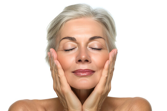 Skincare Elegance, Older Woman Demonstrates Anti-Age Lift Results on isolated white background