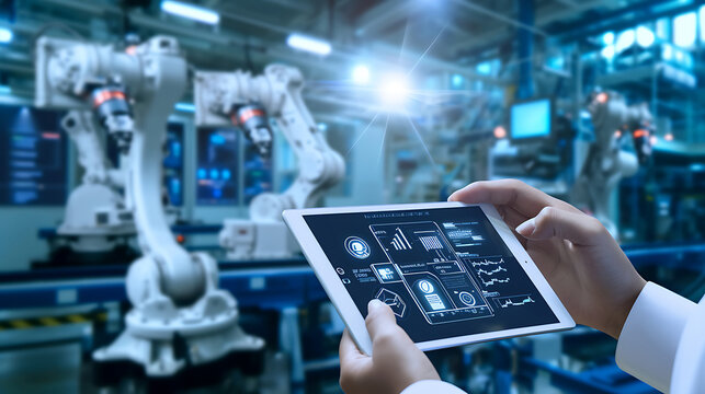 Smart Industry Control, Hands Holding Tablet on Automation Machine Background
