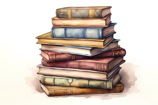 Pile of old books isolated on white background. Watercolor hand drawn illustration