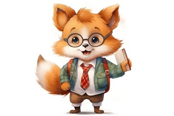 funny fox in glasses with a book on a white background.