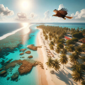 beach view, white sand, coconut trees, coral rocks, fresh blue water, bright sun, seen from the air, drone, eagle fly, real picture, high quality, HD