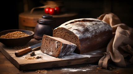 Freshly baked rye bread sliced and presented on a dark rustic background - obrazy, fototapety, plakaty