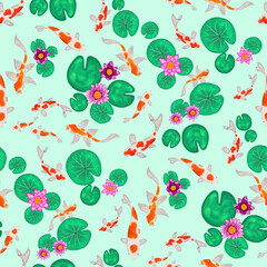 Seamless Pattern with Koi Fishes Swimming in a Pond and Water Lilies on a Light Green Background