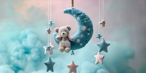 A baby mobile with a teddy bear on the moon and stars against a soft, foggy background.