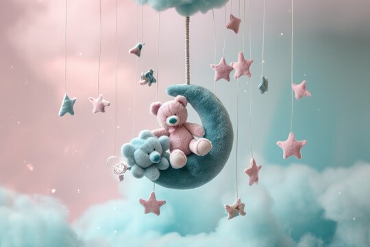 A baby mobile with a teddy bear on the moon and stars against a soft, foggy background.