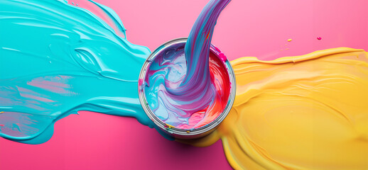 Multi-colored paint is pouring into a bark with bright colored paint. Multi-colored paint is spilled on the floor on a bright background. Close up. splashes of paint