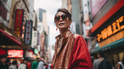 street style, asian, street, city, smiling, lifestyle, sunglasses, handsome, outdoors, model, standing, hong kong, woman, 50 years, 60 years, 70 years, glasses, fashion, looking, shopping, hair