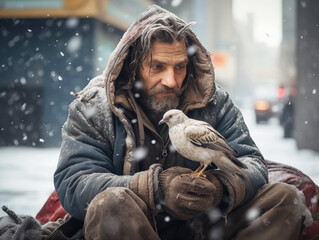 An unfortunate homeless man sits on the ground outside in winter with a sad look on his face. A frozen bird sits on the man's hand and warms itself. The concept of mercy, compassion and help.