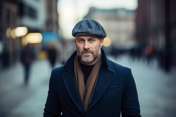 Portrait of a middle-aged man in a coat, hat and scarf on a city street.