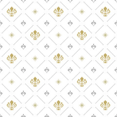 Seamless pattern. Modern geometric ornament with golden royal lilies. Classic light background