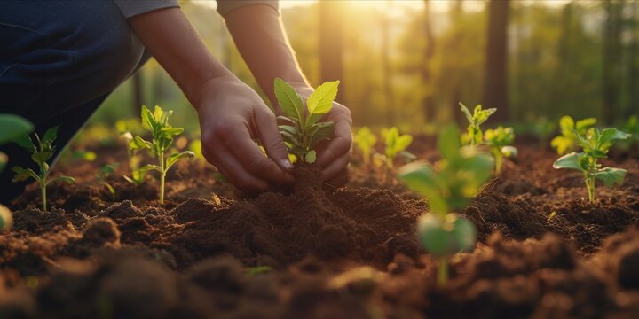 Close up of a person hands planting seedlings in soil at sunrise with a forest in the background.