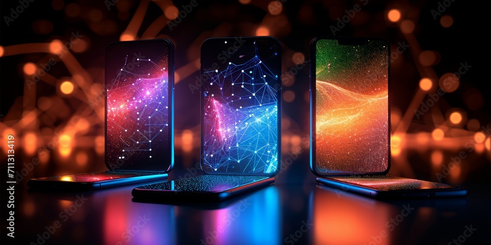 Poster three smartphones displaying colorful network graphics on screens with a dark background.