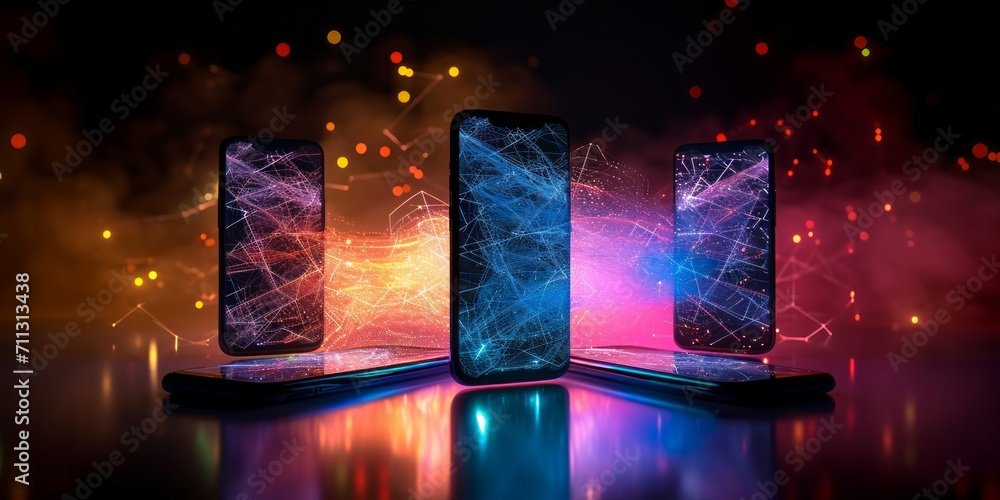 Poster three smartphones displaying colorful network graphics on screens with a dark background.