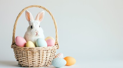 Adorable baby bunny with a collection of pastel-hued eggs in basket for Easter