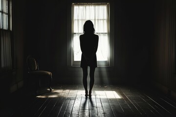 Silhouette of a woman standing by a window in a dark room with a chair to the side.