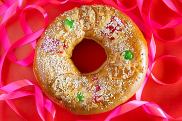 Ring shaped cake. Roscon de reyes. Christmas time patisserie. Spain
