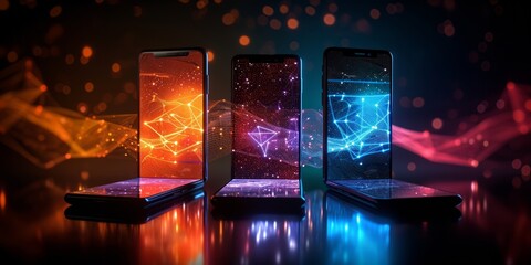 Three smartphones displaying colorful network graphics on screens with a dark background. - obrazy, fototapety, plakaty