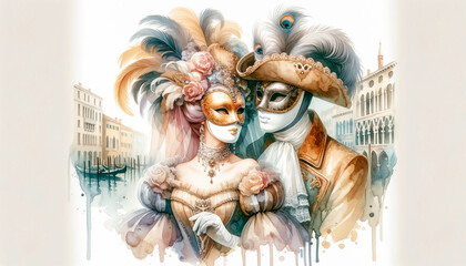 Venetian Elegance: A Watercolor Embrace at the Carnival