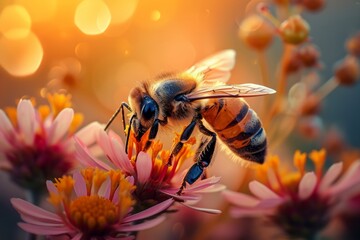 Honeybee on a flower with a warm, golden bokeh background