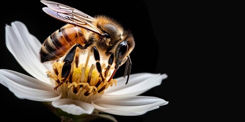 Close up of a honeybee on a white flower against a black background