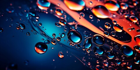 Close-up of liquid, drops and bubbles in red and blue to decorate a poster, booklet cover. Abstract background.
