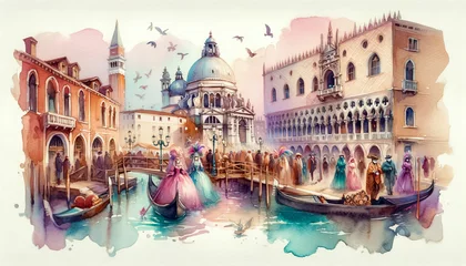 Gordijnen Venetian Dreamscape: Carnival Celebration in Watercolor © TATIANA Z