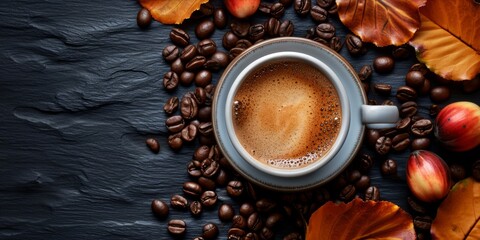Espresso in a cup surrounded by coffee beans and autumn leaves on a dark surface