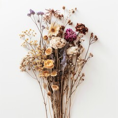 Bunch of dried flowers on white background