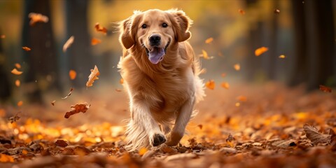 Golden retriever running joyfully through autumn leaves