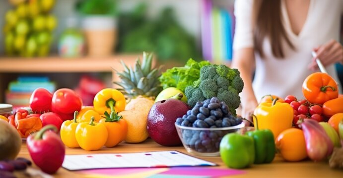 A kitchen filled with vibrant colors and healthy food choices, depicting the importance of nutrition and healthy eating habits.