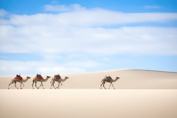 Fototapeta na wymiar camel caravan crossing barren dunes at midday