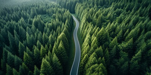 Aerial view of a road cutting through a dense forest