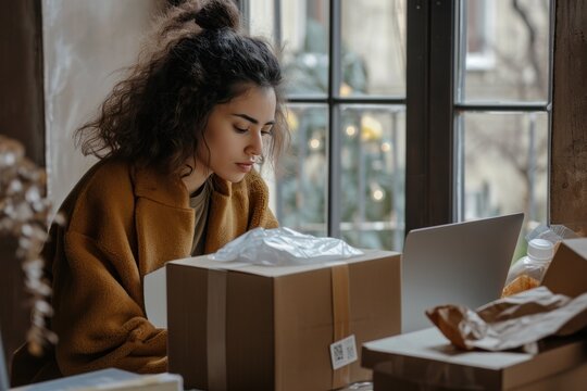 Stylish small business owner woman using laptop in office. Ecommerce, woman taking sales orders and checking inventory. Online shopping success and girl boss, contact us for delivery.