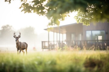 wildlife near cabin, deer grazing in morning mist