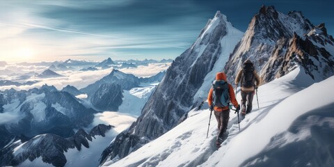 Naklejka na ściany i meble Two hikers ascending a snowy mountain range