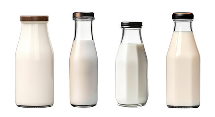 set of Milk glass bottle isolated on white background. PNG, cutout, or clipping path.	
