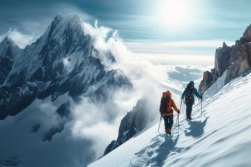Naklejka na ściany i meble Two hikers ascending a snowy mountain range