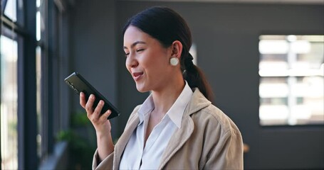 Phone, voice recognition and business woman in office by window for mobile communication. Smile, technology and professional female person recording message or on call with cellphone in workplace.
