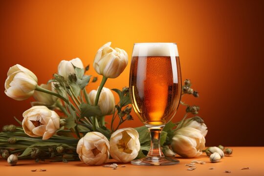 Craft Beer in a Tulip Glass, on an isolated Rust Orange background, Generative AI