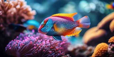 Tropical fish swimming in an aquarium with coral