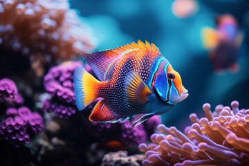 Naklejka na ściany i meble Tropical fish swimming in an aquarium with coral
