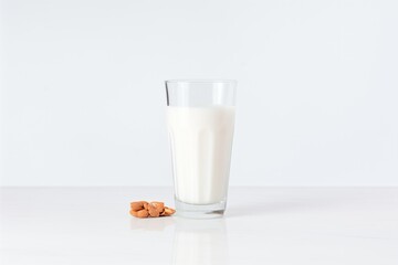 almond milk in a clear glass against a white background - obrazy, fototapety, plakaty