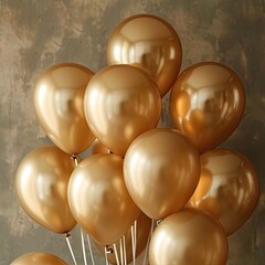 group of gold balloons isolated on dark background .