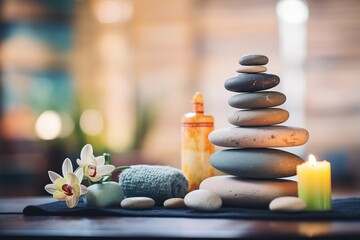 aromatherapy candles and stacked stones - obrazy, fototapety, plakaty