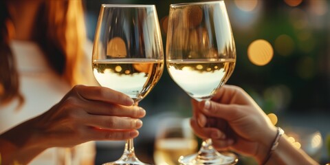 Two people clinking wine glasses